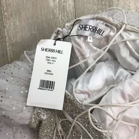 SHERRI HILL Ivory White Beaded Sequin Tulle Formal Dress Size 4 52913 - Picture 15 of 16